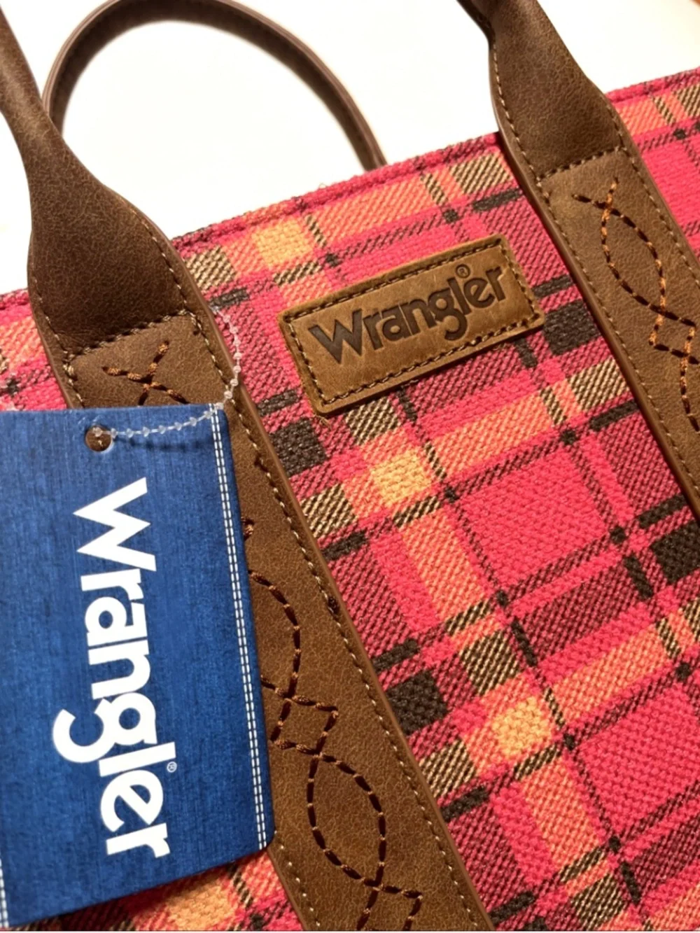 NWT Wrangler Pink Plaid Tote Crossbody Bag Canvas PU Guitar Strap Western Tartan